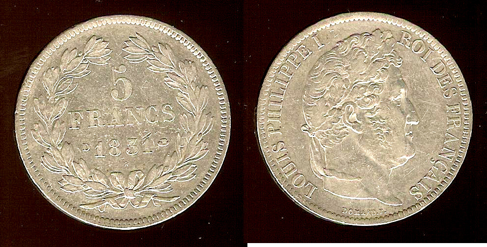 5 francs Ier type Domard, tranche en cruex 1831 Lyon TTB+